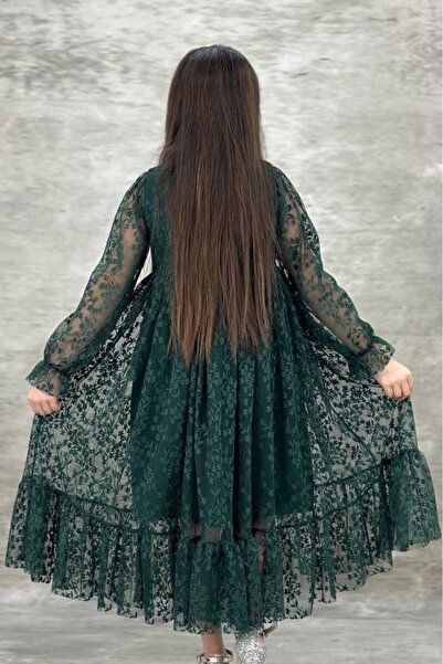 Riccotarz Girl's Buttoned Lace Embroidered Green Dress