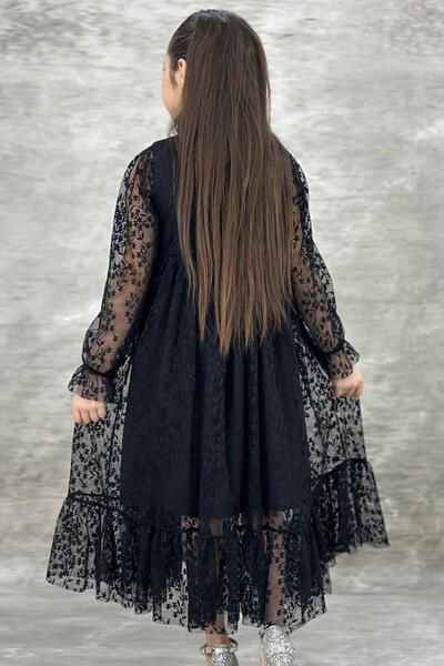 Riccotarz Girl's Buttoned Lace Embroidered Black Dress