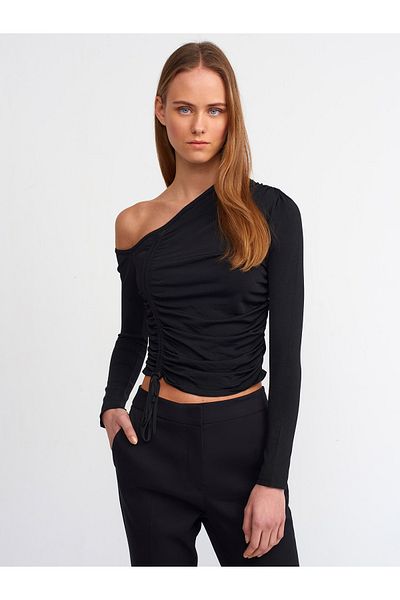 Dilvin 10369 Right Off-the-Shoulder Shirred Sweater-black