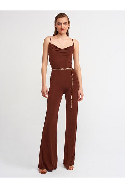 Dilvin 70331 Jumpsuit mit Rüschenkragen und Gürtel – braun