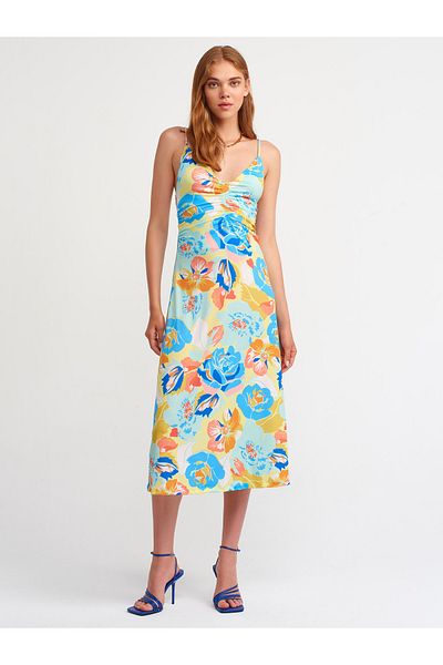 Dilvin 90349 Gathered Flower Patterned Long Dress-lime