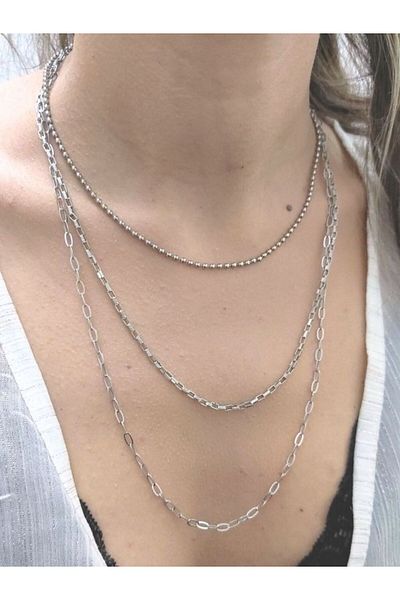 TÜKKAN ACCESSORİES CHAIN TRIPLE MULTI COMBIN SILVER COLOR NECKLACE-SLEEVE142