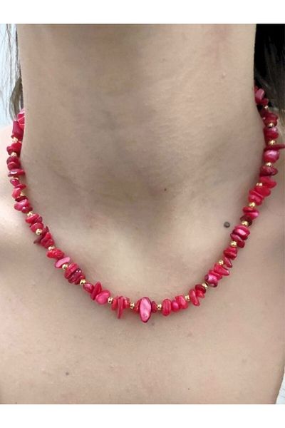 TÜKKAN ACCESSORİES CORAL NATURAL STONE GOLD NECKLACE-SLEEVE143