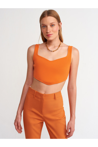 Dilvin 10223 Kalp Yaka Triko Crop-turuncu
