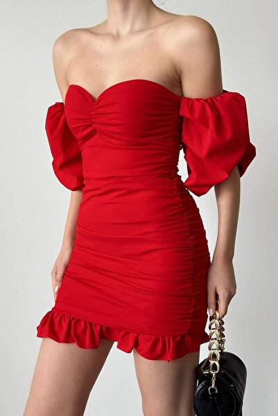 vuvutasarım Red Crepe Fabric Strapless Neck Low Sleeve and Gather Detailed Mini Dress 081