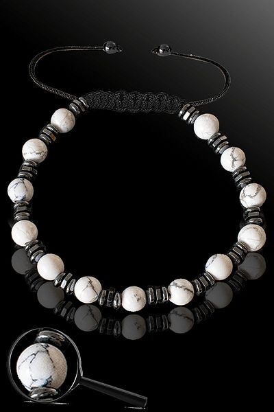 Tesbih Atölyesi Certified Silver Hematite 6 Mm Natural Howlite Stone Bracelet - Adjustable