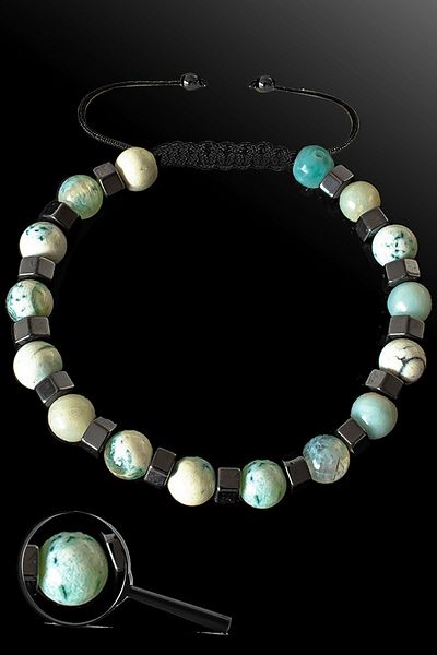 Tesbih Atölyesi Certified Silver Hematite 6 Mm Green - White Agate Stone Bracelet - Tibetan Agate