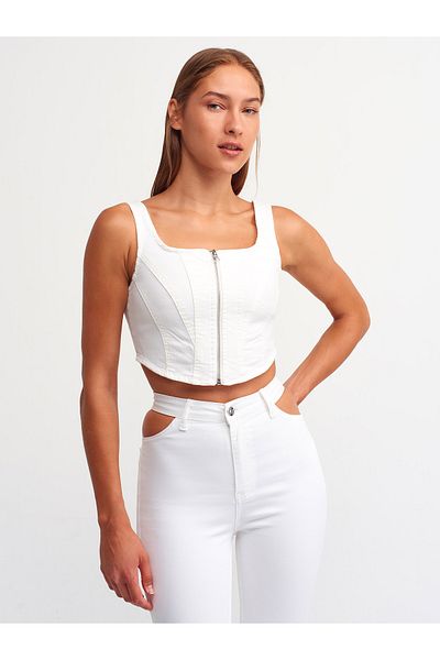 Dilvin 5303 White Top with Zipper on the Front-white