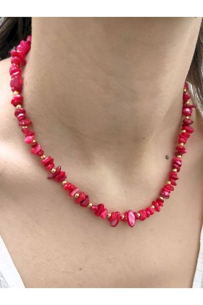 TÜKKAN ACCESSORİES CORAL NATURAL STONE GOLD NECKLACE-SLEEVE143