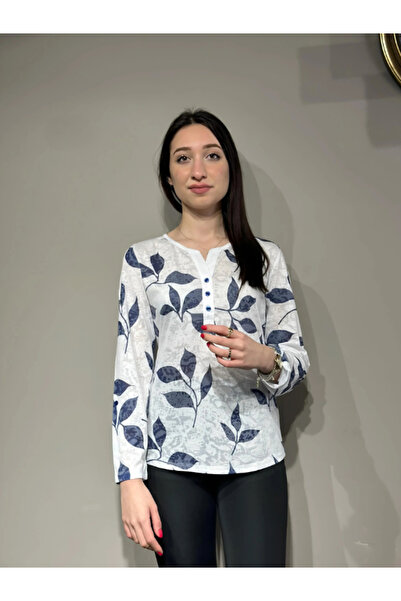Ayce Moda بلوزة زرقاء بأكمام طويلة وأزرار على شكل ورقة شجر