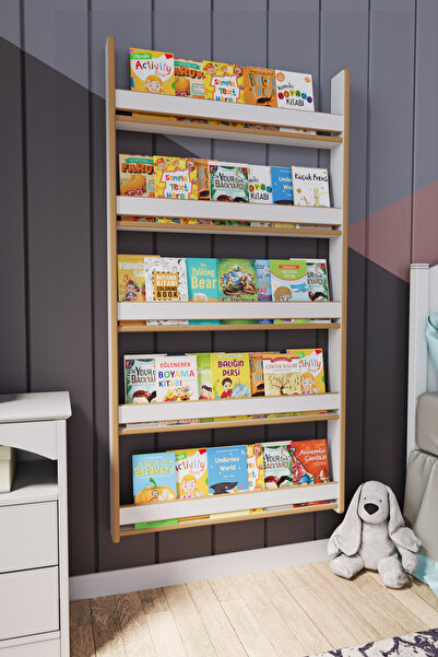 zeo wood design Montessori 5 Raflı Mdf Çocuk Kitaplığı 154*80 Cm Beyaz