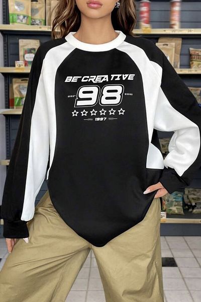 EFBUTİK Black and White Detailed Becreative 98 Raised Sweatshirt