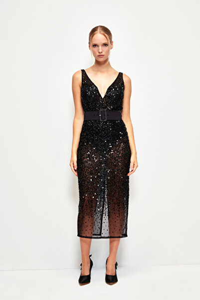 adL Mert Aslan V Yaka Midi Payet İşlemeli Elbise