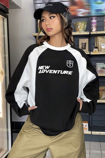 EFBUTİK Black and White Detail new Adventure Ribbed Sweatshirt