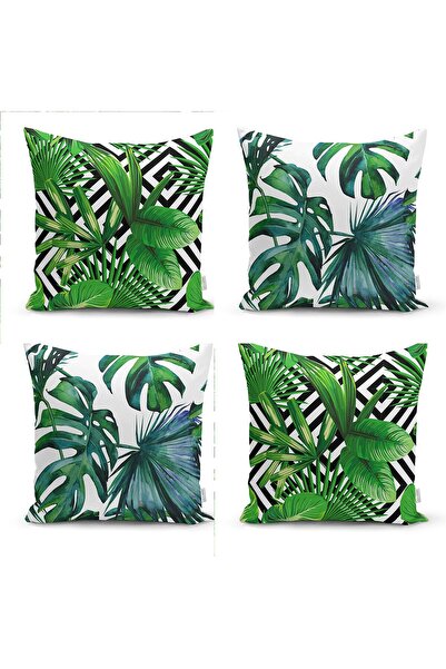 Nish & Royal Tropical Leaf Patterned 4-Piece Modern Pillow Cushion Cover