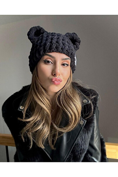 ALARA REYHAN Beretă pufoasă cu urechi de ursuleț, cadou lucrat manual