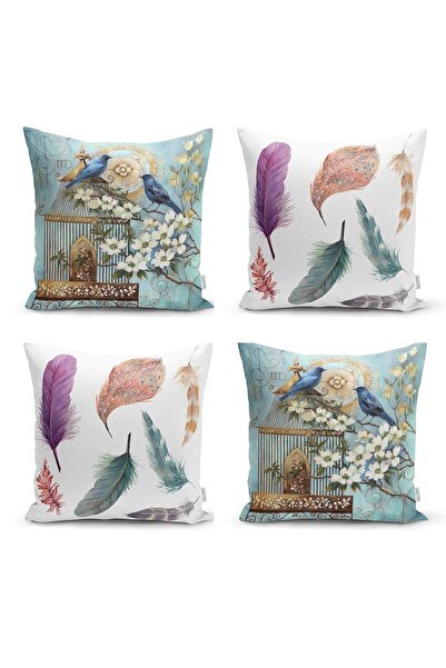 Nish & Royal Modern 4-Piece Decorative Pillow Cushion Cover with Bird and Fea...