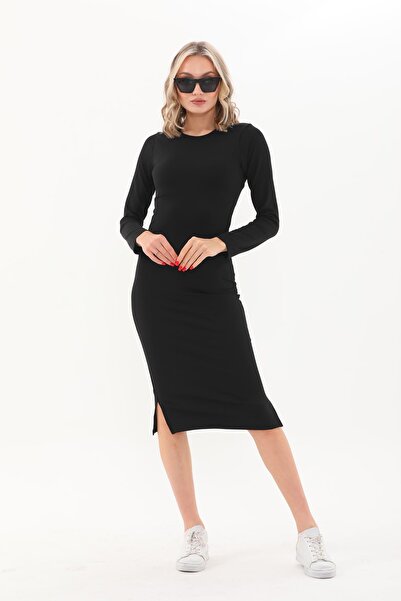 WestBound Rochie creion midi casual cu mâneci lungi cu crapată neagră