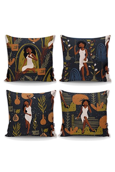 Nish & Royal Modern 4-Piece Throw Pillow Cover Set with Black Woman Figure in...