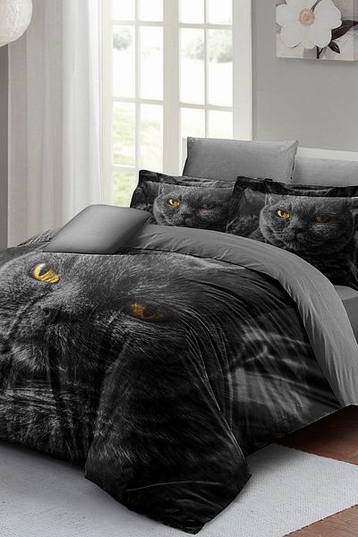 MonoHome 100% Cotton Satin Double Duvet Cover Set with Fitted Sheets Serious Cat