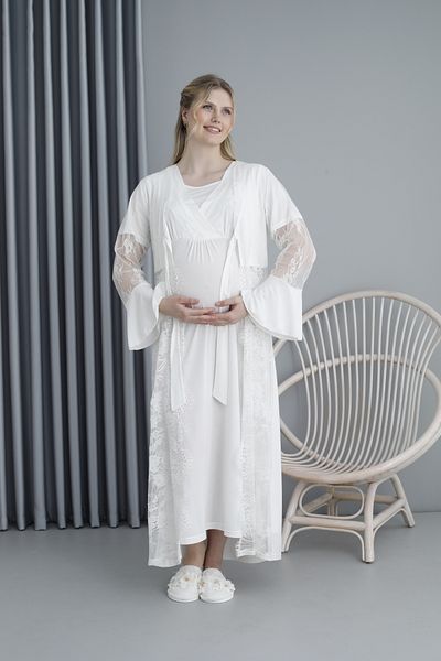 BLACKMORE Women's Ecru Sleeve Lace Stylish Maternity Nightie-Morgeness Set of 2