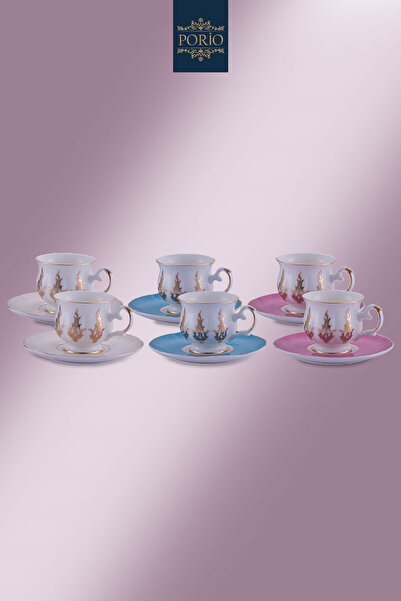 Porio 12 Parça 6 Kişilik Porselen 3 Renkli Asorti Altın İşlemeli Türk Kahvesi...