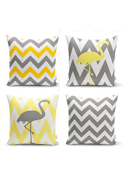 Nish & Royal Yellow Gray Zigzag Flamingo Patterned 4-Piece Modern Pillow Thro...