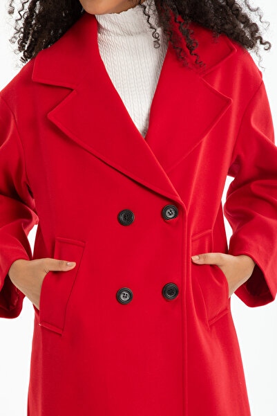 Pitti Women's Red Buttoned Oversize Lined Coat with Pockets