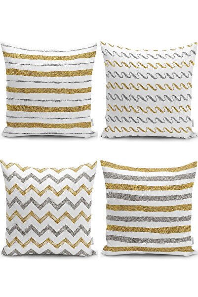 Nish & Royal Gold Detailed Geometric Patterned Modern Pillow and Cushion Cove...