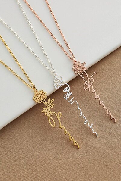 BERCHINE Çiçek Figürlü Dikey Isimli Kolye 925 Ayar Gümüş