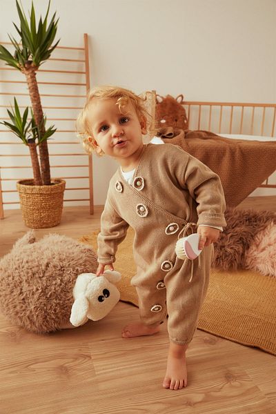 PATİQUE Milky Brown Baby Girl Floral Patterned Organic Cotton Jumpsuit