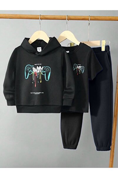 MORNİNG KİDS Fată-Băiat 3-Pachet negru cu glugă Hanorac-T-shirt-Pantaloni de ...