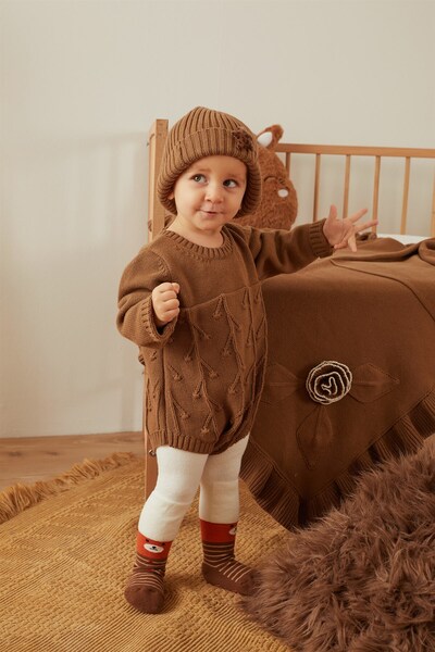 Genel Markalar Kahve Kız Bebek Organik Pamuk Uzun Kollu Salopet Tulum