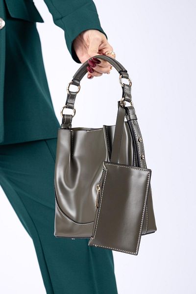 Getcho Sutton Women's Khaki Shiny Shoulder and Hand Bag with Side Bag - Stylish Model with Cross Strap, Large Volume