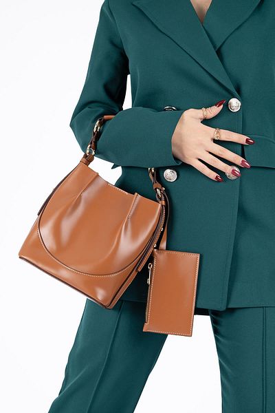 Getcho Sutton Women's Tan Shiny Shoulder and Hand Bag with Side Bag - Stylish Model with Cross Strap, Large Volume