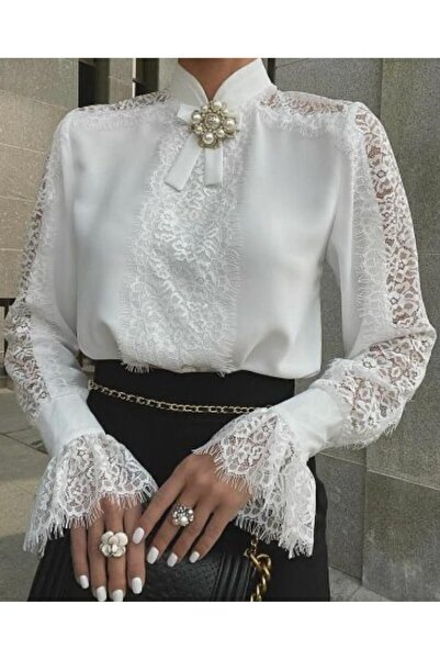 Genel Markalar Uzun Kollu Hakim Yaka Ithal Dantel Detay Gömlek