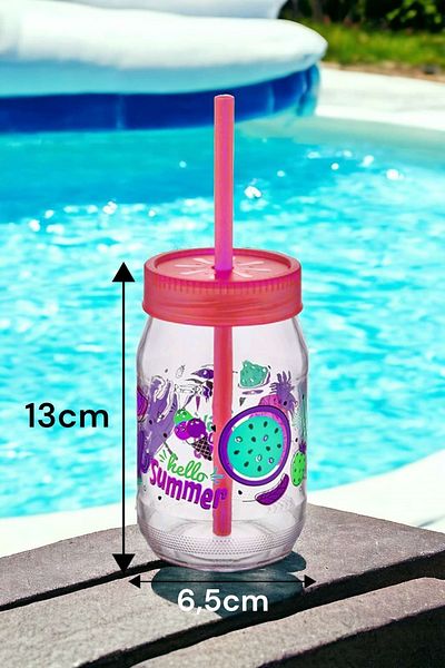 Şahane Pazar Red 2 Pieces Glass Cup with Straw 350cc Fma04794