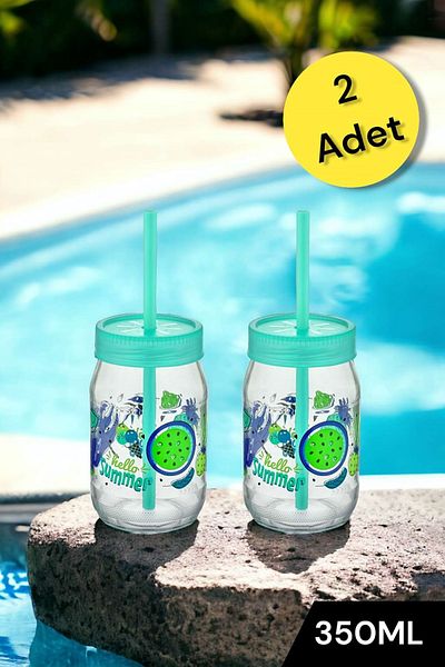 Şahane Pazar Turquoise 2 Pieces Glass Cup with Straw 350cc Fma04794