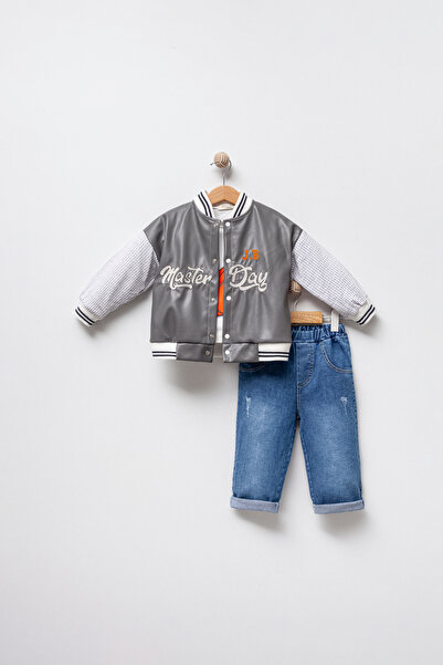 Jikko Baby Erkek Bebek Deri Ceket Kot Pantolon 3'lü Takım