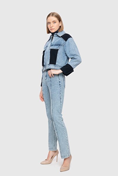GİZİA Balık Sırtı Yünlü Kumaş Garnili Crop Mavi Jean Ceket