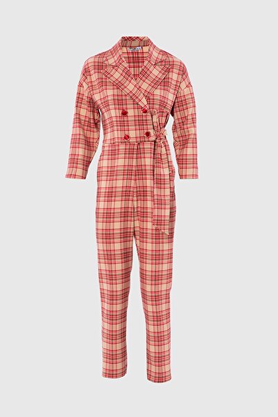 GİZİA Düğme Detaylı Yandan Kuşaklı Ekose Tulum