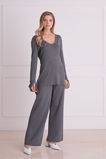 GİZİA Asimetrik Kesim Antrasit Gri Triko Bluz