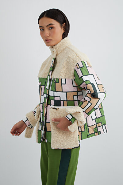 GIZIA SPORT Renk Bloklu Krem Renli Tüylü Ceket