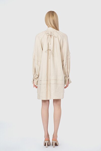 GİZİA Mini Beige Dress with Battery and Ribbed Detailed Embroidery Process