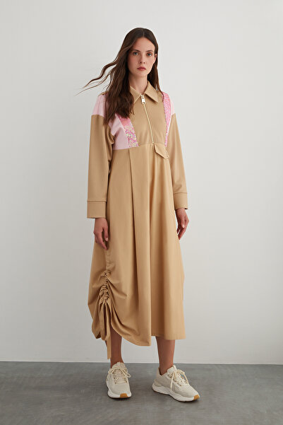 GIZIA SPORT Payet Garnili Uzun Bej Elbise