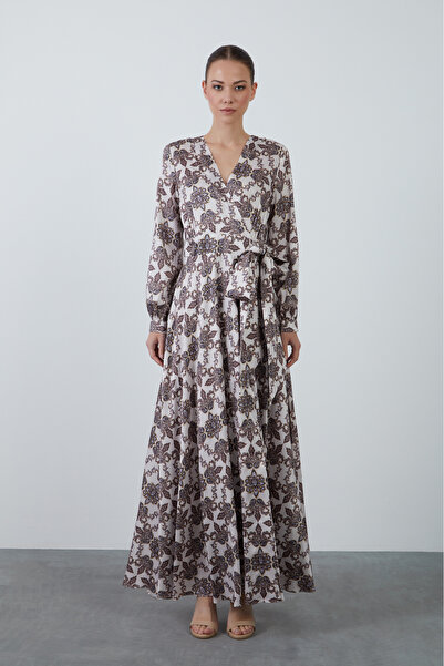 GİZİA Beli Kuşak Bağlamalı Kontrast Desenli Bej Uzun Elbise