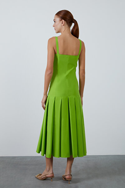 kı.we Green Midi Dress with Straps Tie-Detailed Pleated Skirt