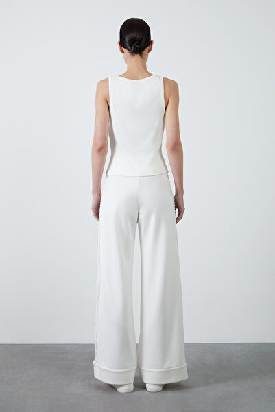 GİZİA Yanları File Detaylı Cebi Fermuarlı Bol Paça Ekru Pantolon