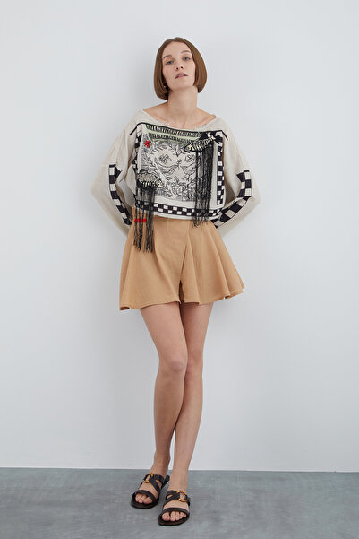 GİZİA Desenli Nakış Detaylı Keten Bluz