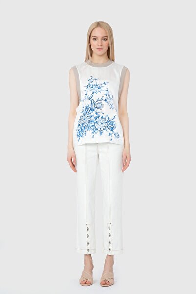 GİZİA Saten Yüzey Garnili Baskılı İşlemeli Orijinal Bluz